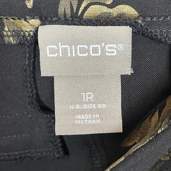 Chico's size 1R Black Bronze Floral Pants Pull On Pockets - Picture 5 of 6